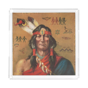 Vintage Native American Chief Portrait Art Acrylic Tray
