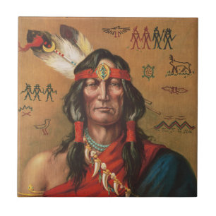 Vintage Native American Chief Portrait Art Ceramic Tile