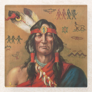 Vintage Native American Chief Portrait Art Glass Coaster
