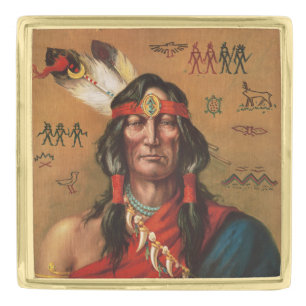 Vintage Native American Chief Portrait Art Gold Finish Lapel Pin