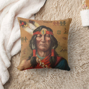 Vintage Native American Chief Portrait Art Throw Pillow