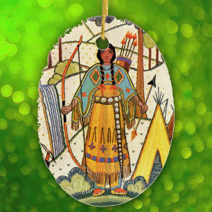 Vintage Native American Woman Village Forest Ceramic Ornament