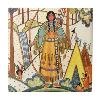 Vintage Native American Woman Village Forest Ceramic Tile