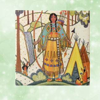 Vintage Native American Woman Village Forest Ceramic Tile