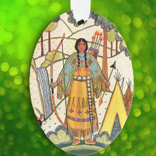 Vintage Native American Woman Village Forest Ornament