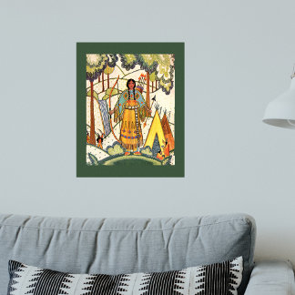 Vintage Native American Woman Village Forest Poster