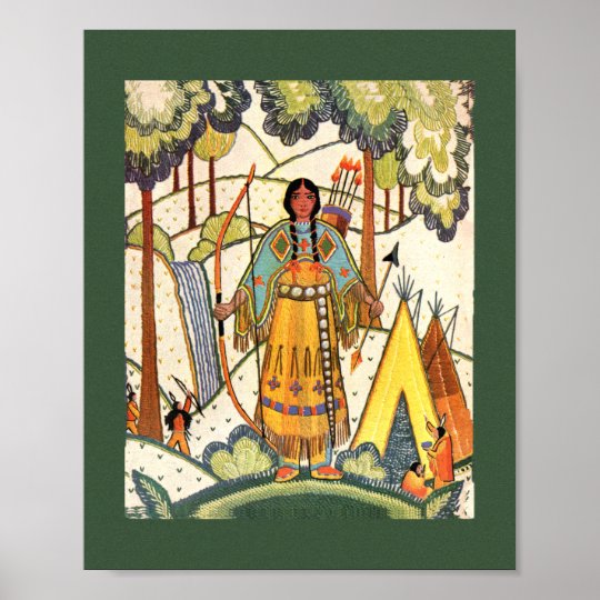 Vintage Native American Woman Village Forest Poster