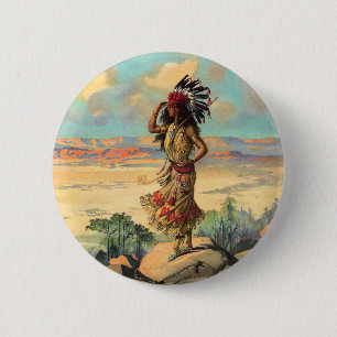 Vintage Native American Woman With Headdress Art Button