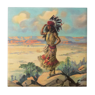 Vintage Native American Woman With Headdress Art Ceramic Tile