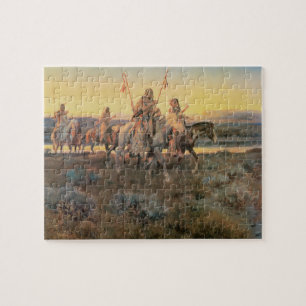 Vintage Native Americans, Piegans by CM Russell Jigsaw Puzzle