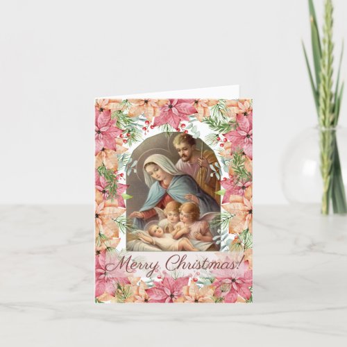 Vintage Nativity Image Sorrounded by poinsettias Thank You Card