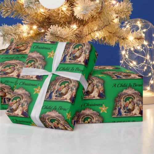 Vintage Nativity Merry Christmas A Child Is Born Wrapping Paper