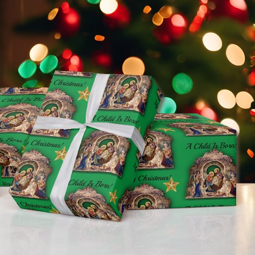 Vintage Nativity Merry Christmas A Child Is Born Wrapping Paper