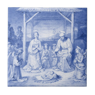 Vintage Nativity Scene Baby Jesus Birth Delft Blue Ceramic Tile