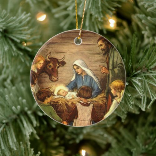 Vintage Nativity with Baby Jesus Do Not Disturb Ceramic Ornament