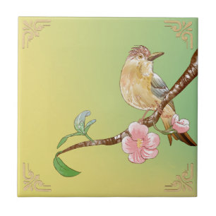 Vintage Naturalist Painting Garden Flowers & Birds Ceramic Tile