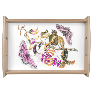 Vintage nature illustration flower butterfly serving tray