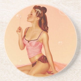 Vintage Naughty Bubbly Pin Up Girl Coaster