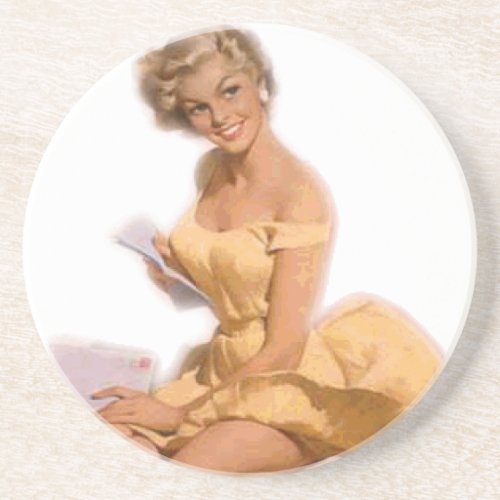 Vintage Naughty Classie Blonde Pin Up Girl Sandstone Coaster