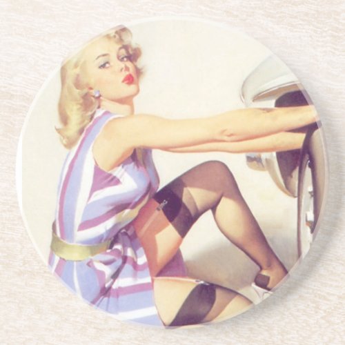 Vintage Naughty Handy Pin Up Girl Drink Coaster