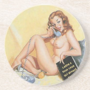 Vintage Naughty Hello Pin Up Girl Drink Coaster by VintageBeauty at Zazzle