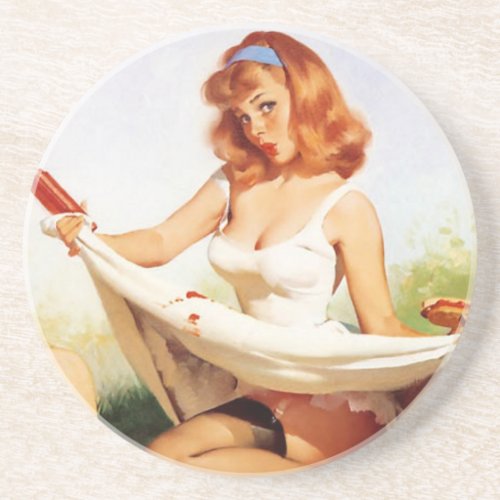 Vintage Naughty Picnic Pin Up Girl Drink Coaster