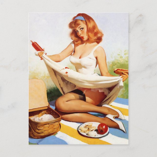 Vintage Naughty Picnic Pin Up Girl Postcard (Front)