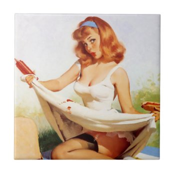 Vintage Naughty Picnic Pin Up Tile by VintageBeauty at Zazzle