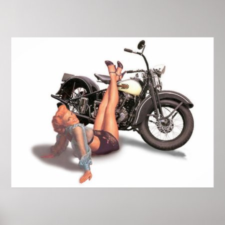 Vintage Naughty Playful Biker Pin Up Girl Poster