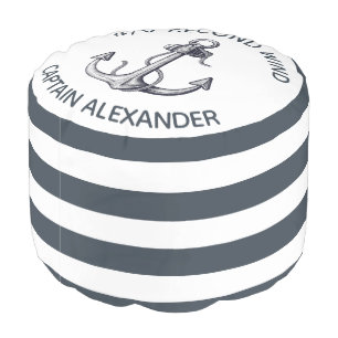 Vintage Nautical Anchor Blue White Striped Custom Pouf