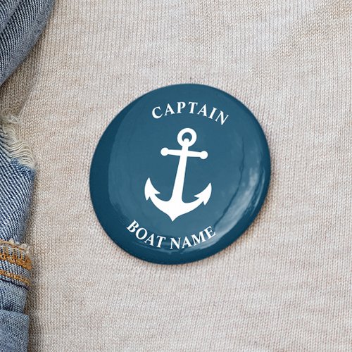 Vintage Nautical Anchor Captain Boat Name Blue Button