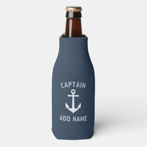Vintage Nautical Anchor Captain Name Blue Gray Bottle Cooler