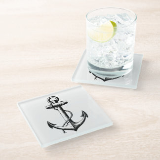Vintage Nautical Anchor Illustration Glass Coaster