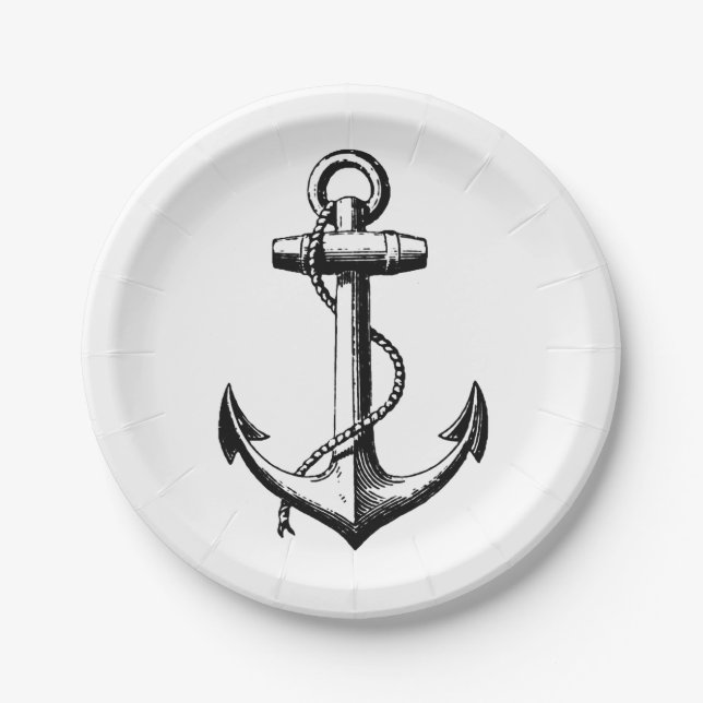 Vintage Nautical Anchor Illustration Paper Plates (Front)