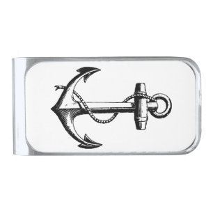 Vintage Nautical Anchor Illustration Silver Finish Money Clip