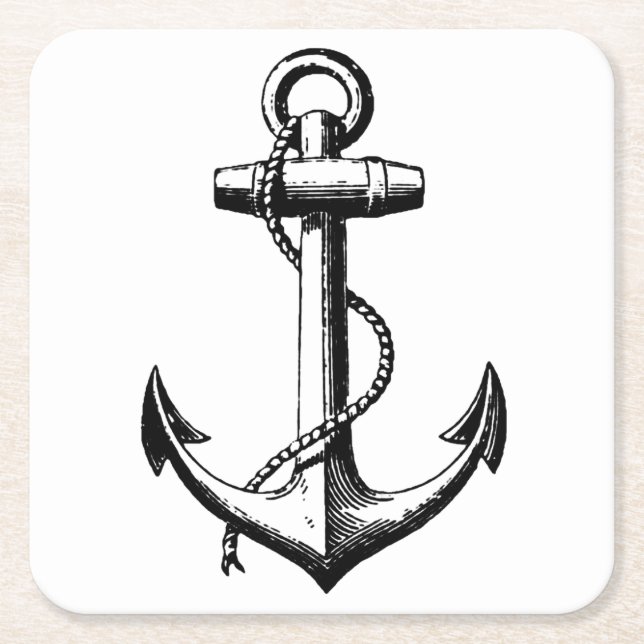 Vintage Nautical Anchor Illustration Square Paper Coaster (Front)