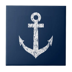 Vintage nautical anchor navy blue and white ceramic tile