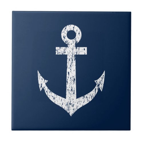 Vintage nautical anchor navy blue and white ceramic tile