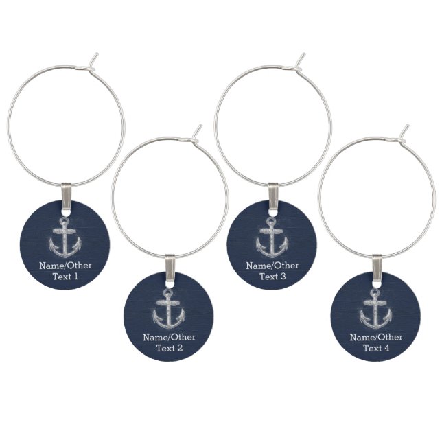 Vintage Nautical Anchor Navy Blue/White Wine Glass Charm (Staggered)