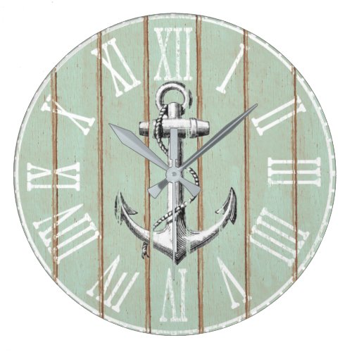 Vintage Nautical Anchor On Rustic Old Wood Large Clock
