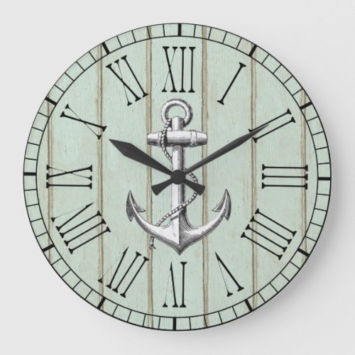 Vintage Nautical Anchor On Wood Pattern Large Clock