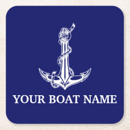 Vintage Nautical Anchor Rope Boat Name Square Paper Coaster