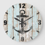 Vintage Nautical Anchor Stripes Wood Large Clock at Zazzle