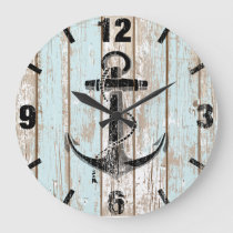 Vintage Nautical Anchor Stripes Wood Large Clock