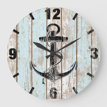 Vintage Nautical Anchor Stripes Wood Large Clock by WatchMinion at Zazzle