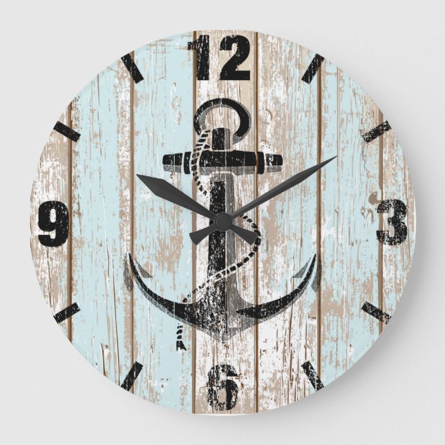 Vintage Nautical Anchor Stripes Wood Large Clock (Front)