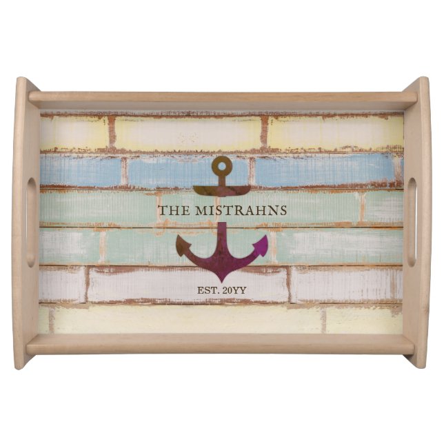 Vintage Nautical Anchor Weathered Wood Serving Tray (Front)