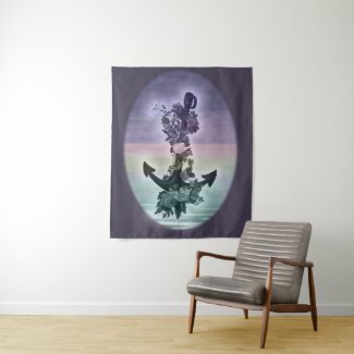 Vintage Nautical, Anchor with Flowers Tapestry