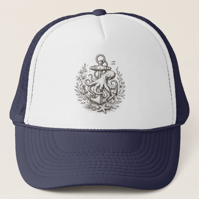 Vintage Nautical Anchor with Octopus  Trucker Hat (Front)