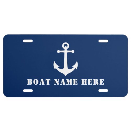 Vintage Nautical Anchor  Your Boat Name Navy Blue License Plate